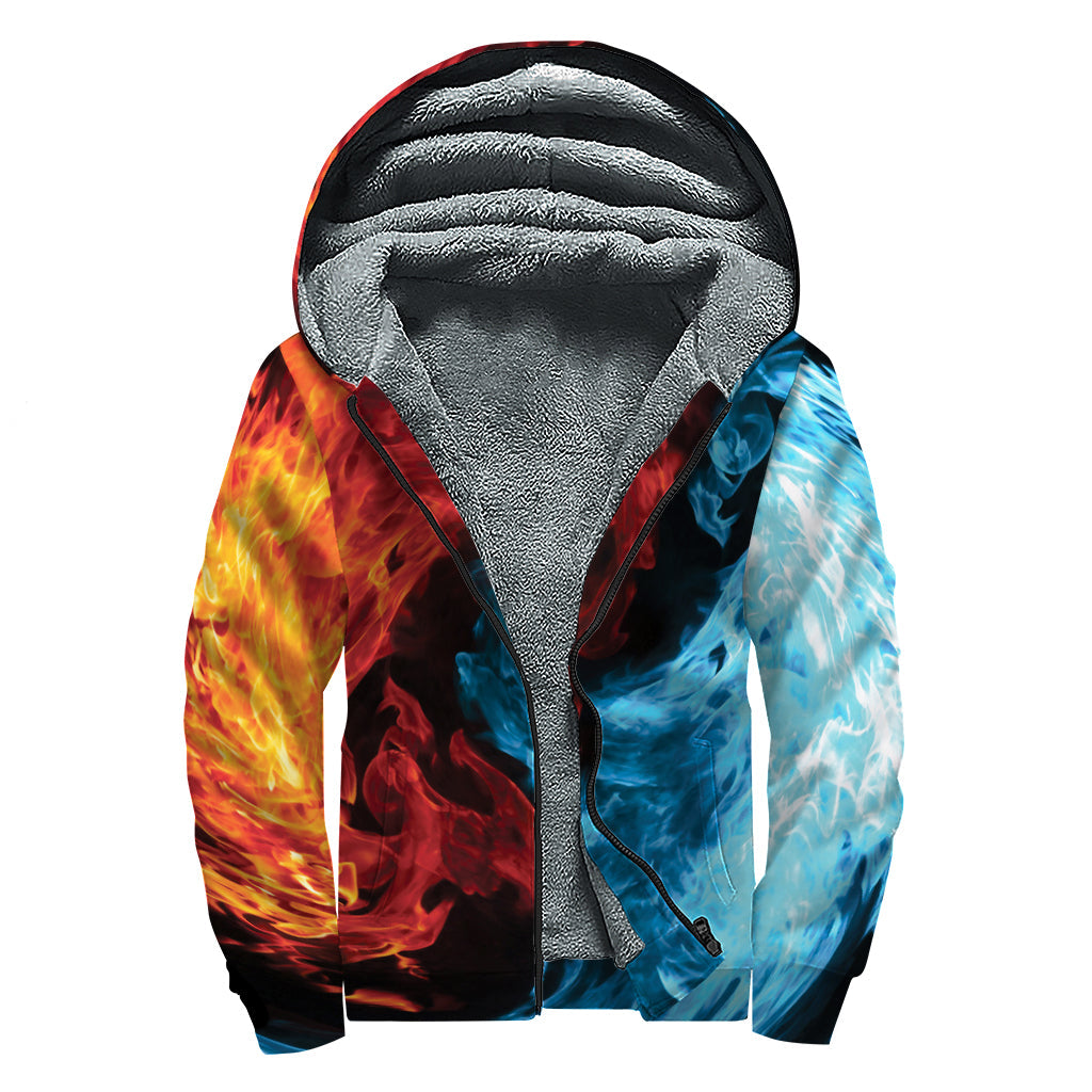 Red and Blue Twin Flame Print Sherpa Lined Zip Up Hoodie: Embrace Your Inner Hippie Style - 1