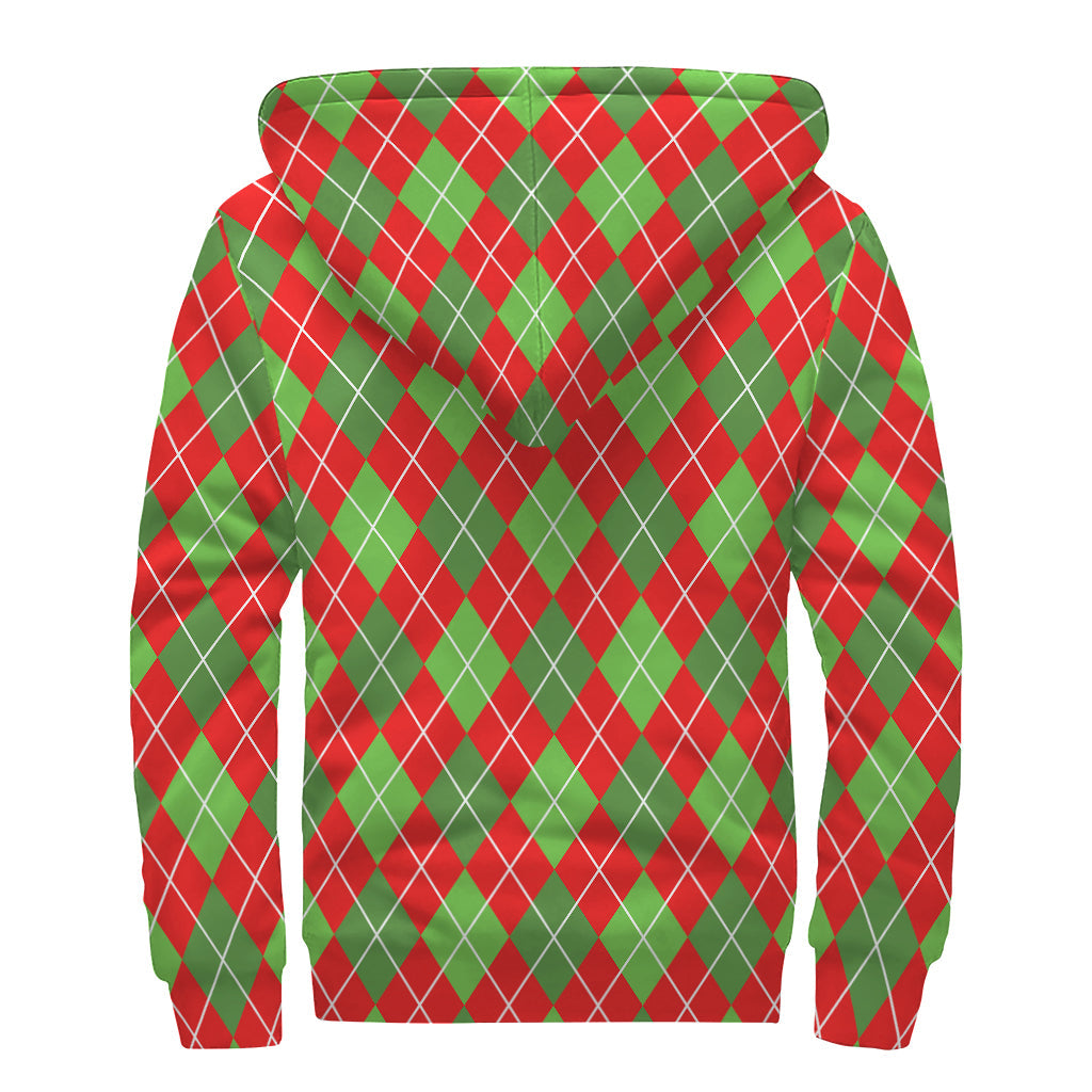 Red and Green Argyle Pattern Print Sherpa Lined Zip Up Hoodie for Groovy Hippies - 2