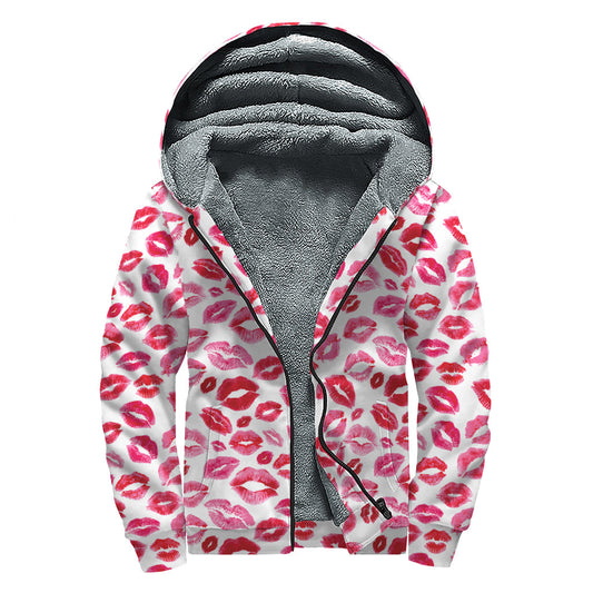 Groovy Red and Pink Lips Pattern Sherpa Lined Zip Up Hoodie for Stylish Hippies - 1