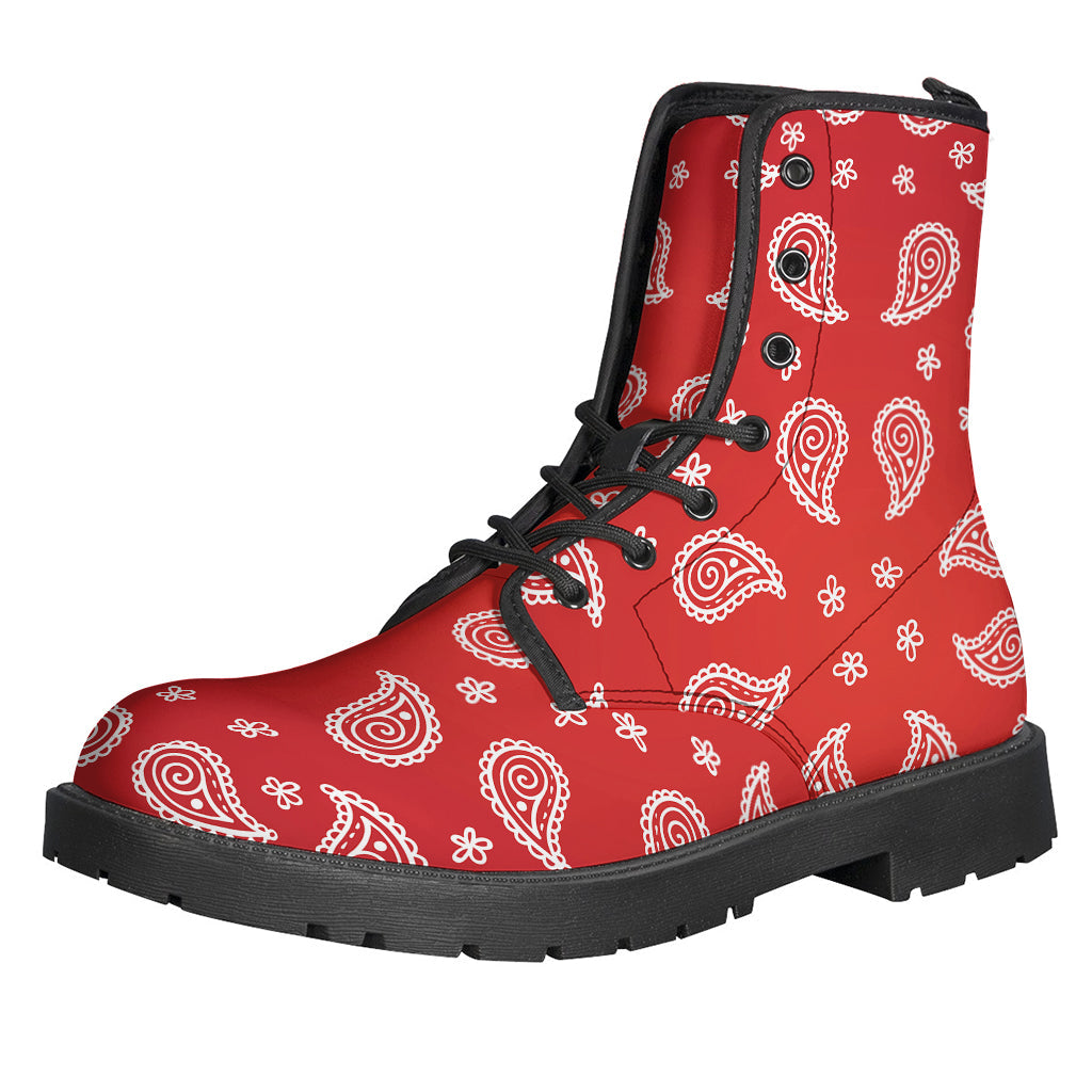 Red and White Bandana Print Leather Lightweight Boots for Groovy Hippies - 1