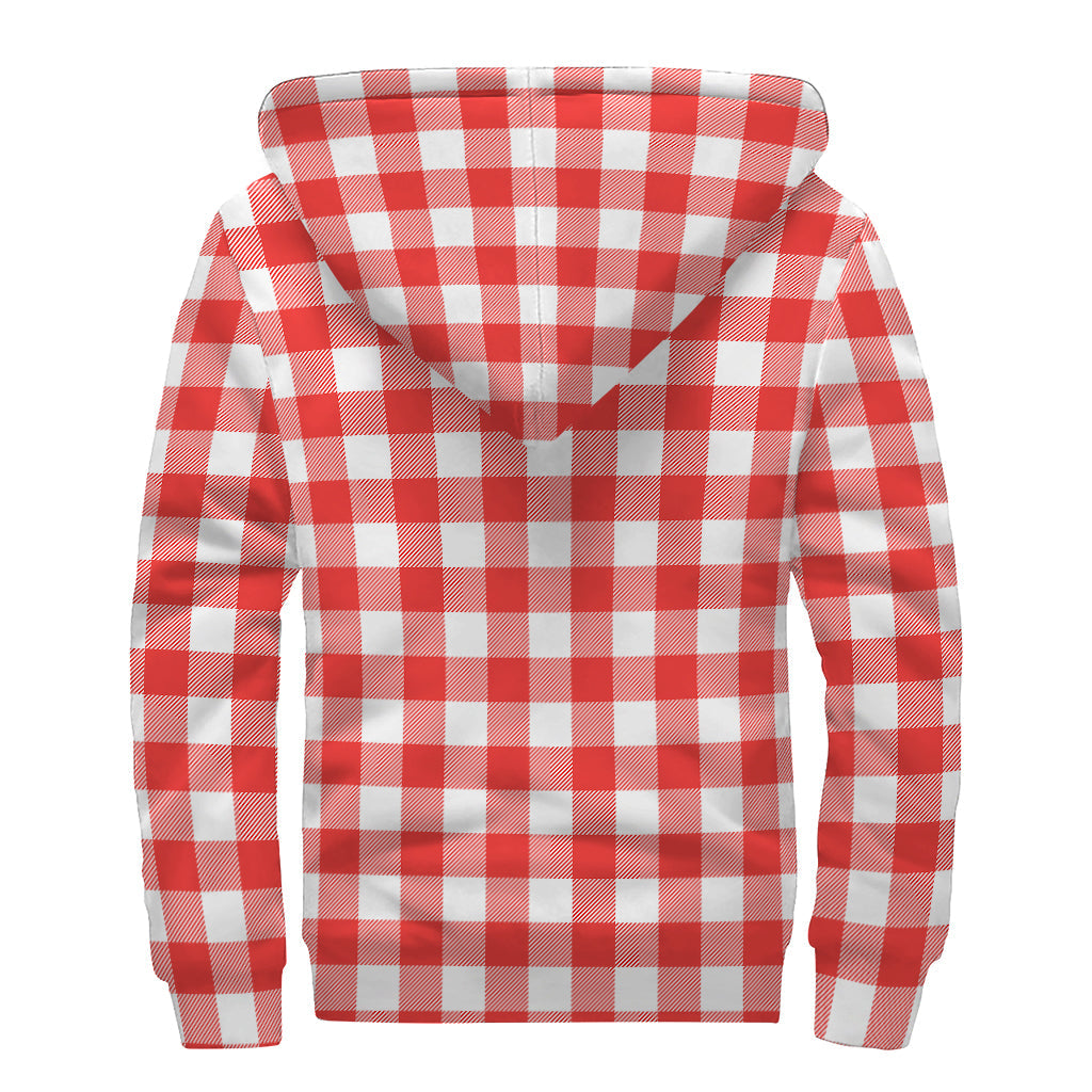 Red and White Buffalo Check Print Sherpa Lined Zip Up Hoodie for Free-Spirited Hippies - 2