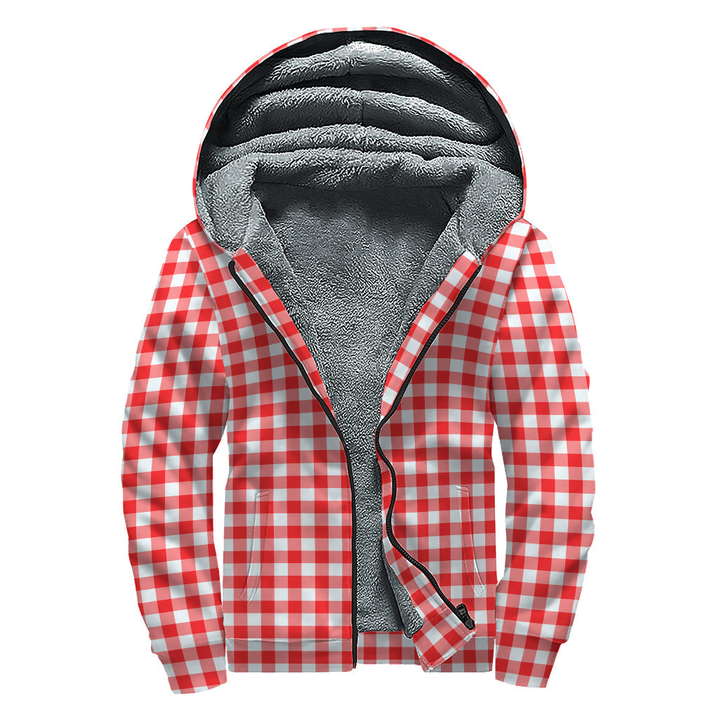 Groovy Red and White Check Pattern Print Sherpa Lined Zip Up Hoodie for the Fashionable Hippie - 1