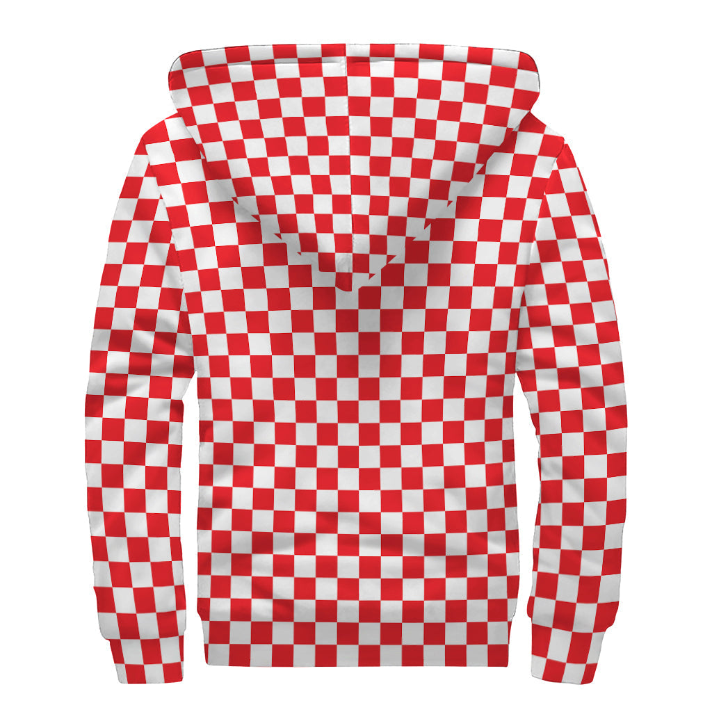 Red and White Checkered Pattern Sherpa Lined Zip Up Hoodie: Embrace Your Inner Hippie Style - 2