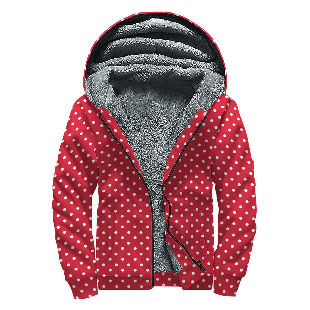 Red and White Christmas Dots Print Hippie Sherpa Lined Zip Up Hoodie - 1