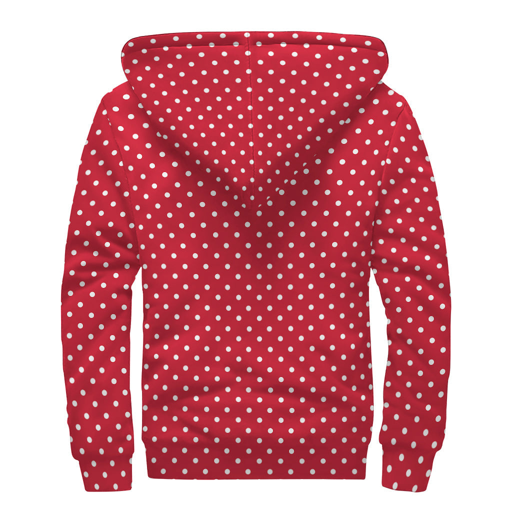 Red and White Christmas Dots Print Hippie Sherpa Lined Zip Up Hoodie - 2