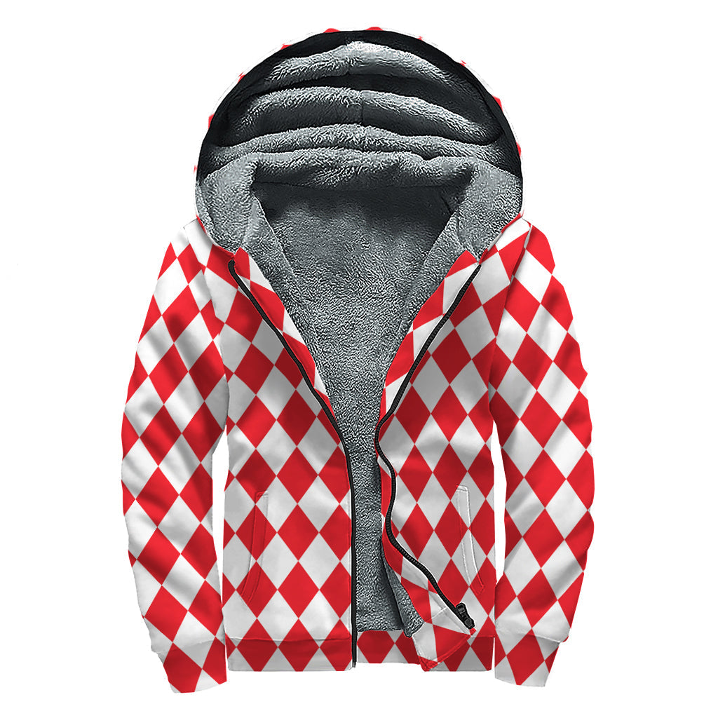 Red and White Harlequin Pattern Print Hippie Sherpa Lined Zip Up Hoodie - 1