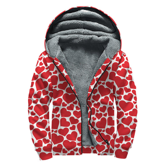 Groovy Love: Red and White Heart Pattern Sherpa Lined Zip Up Hoodie for Hippies - 1