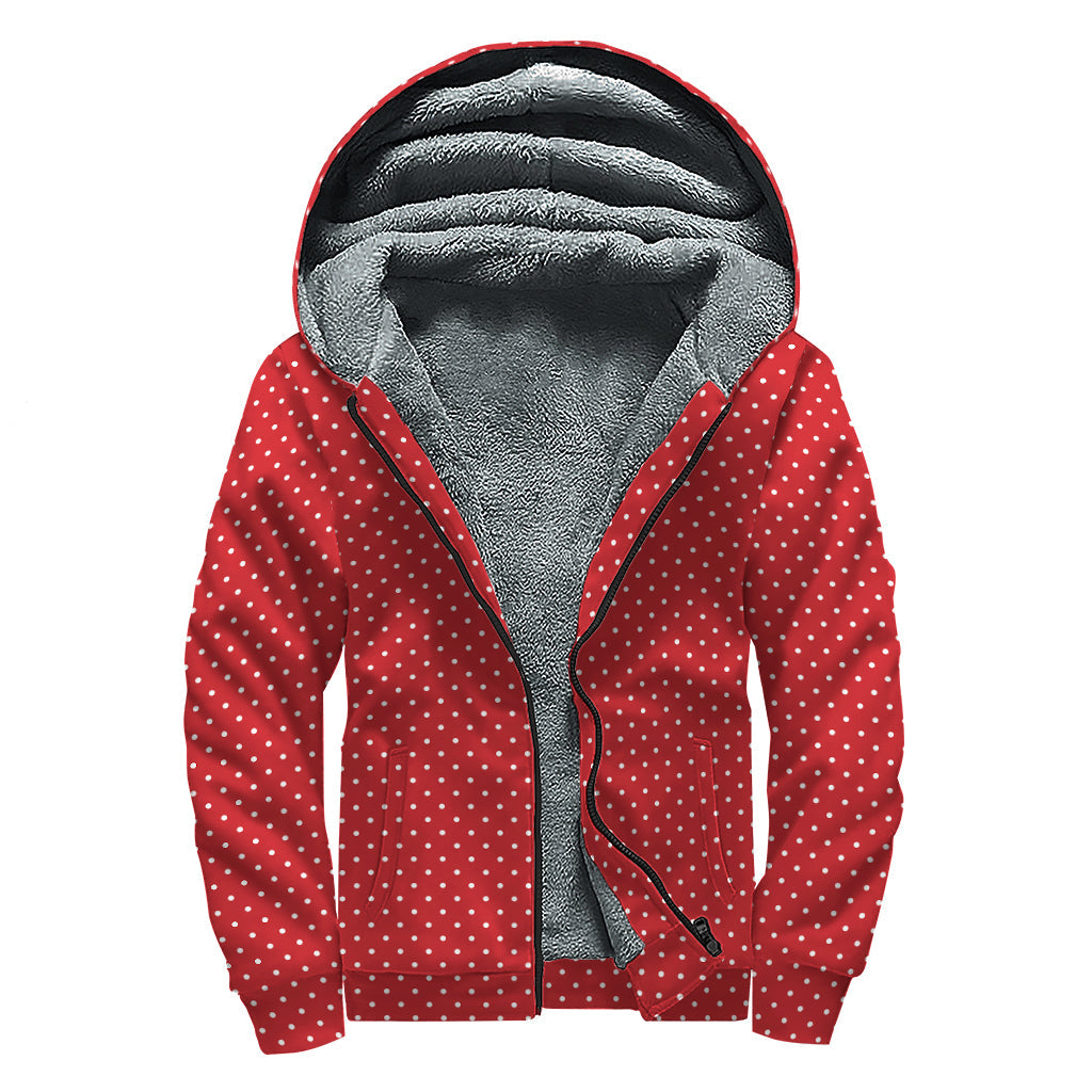 Vibrant Red and White Polka Dot Print Sherpa Lined Zip Up Hoodie for Stylish Hippies - 1