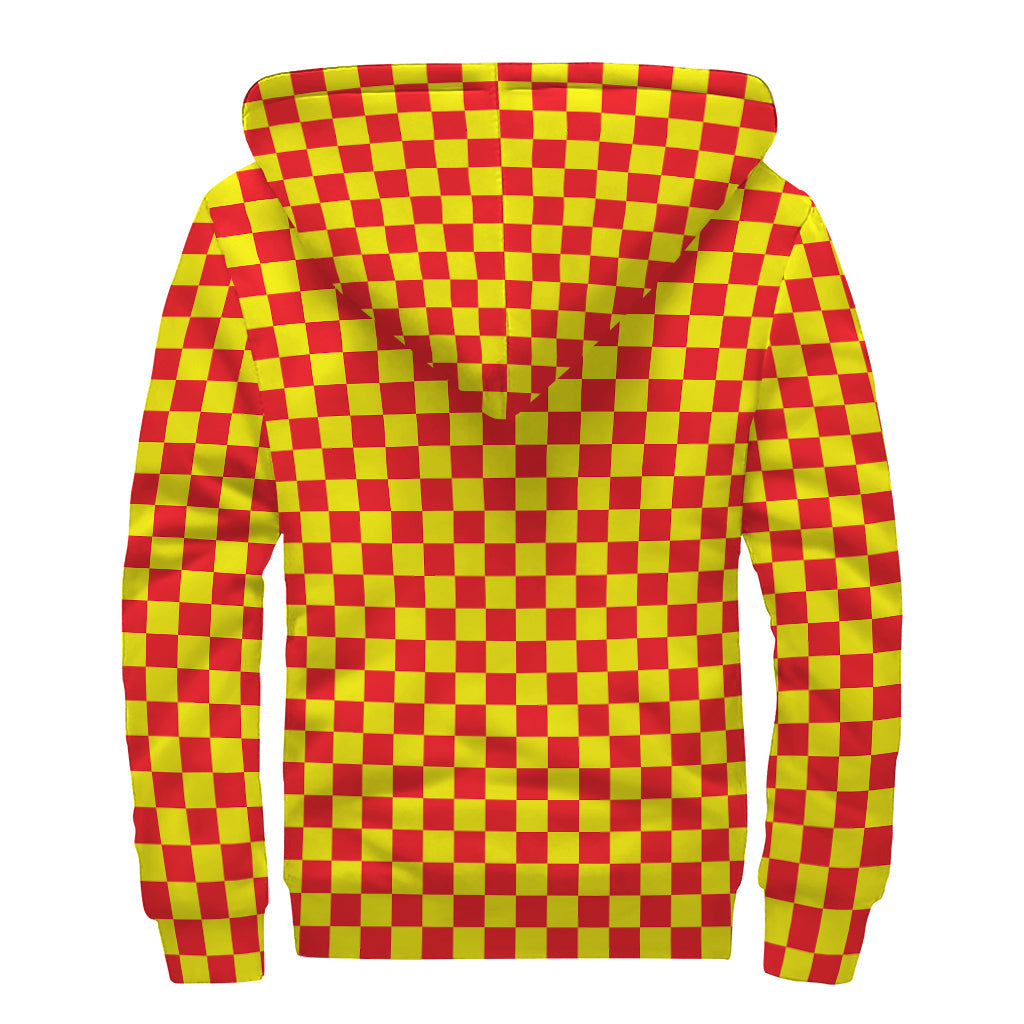 Groovy Red and Yellow Checkered Pattern Print Sherpa Lined Zip Up Hoodie - 2