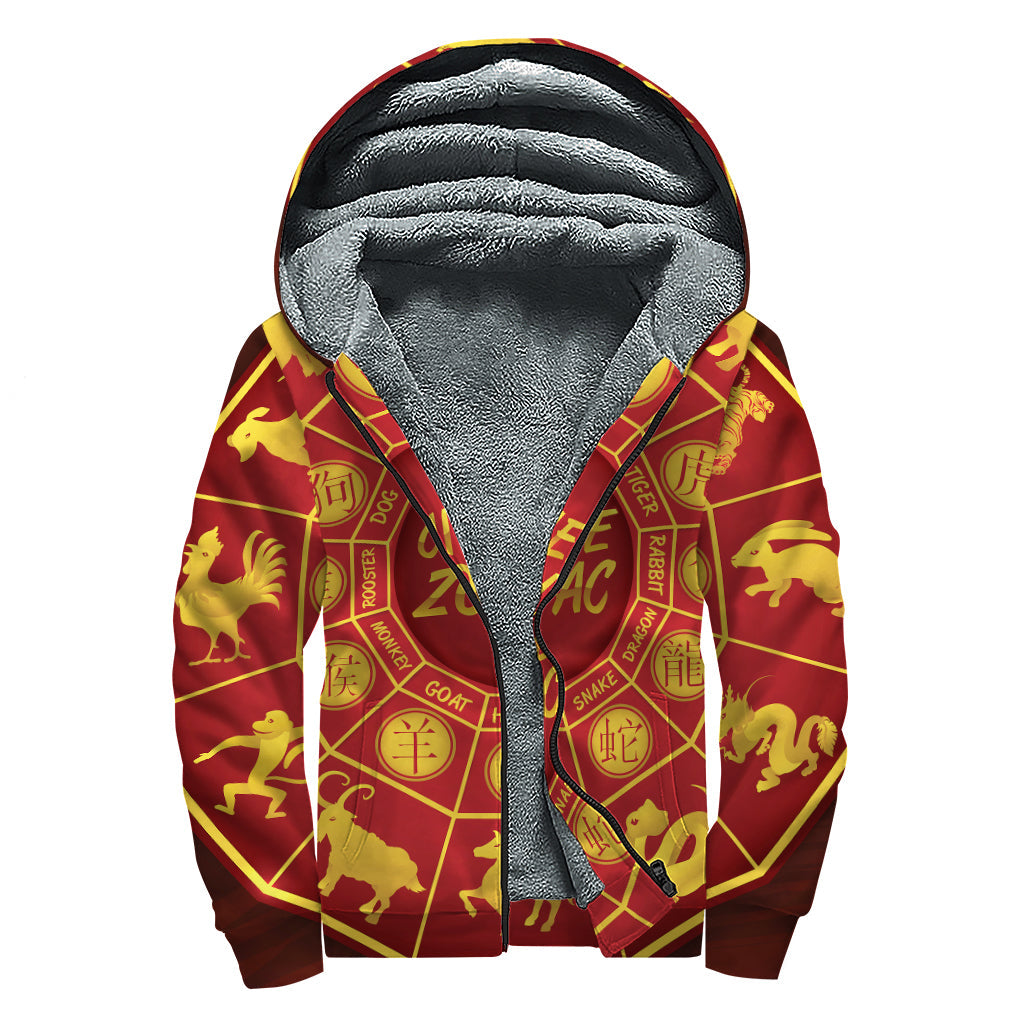 Colorful Chinese Zodiac Print Sherpa Lined Zip Up Hoodie for Free Spirited Hippies - 1