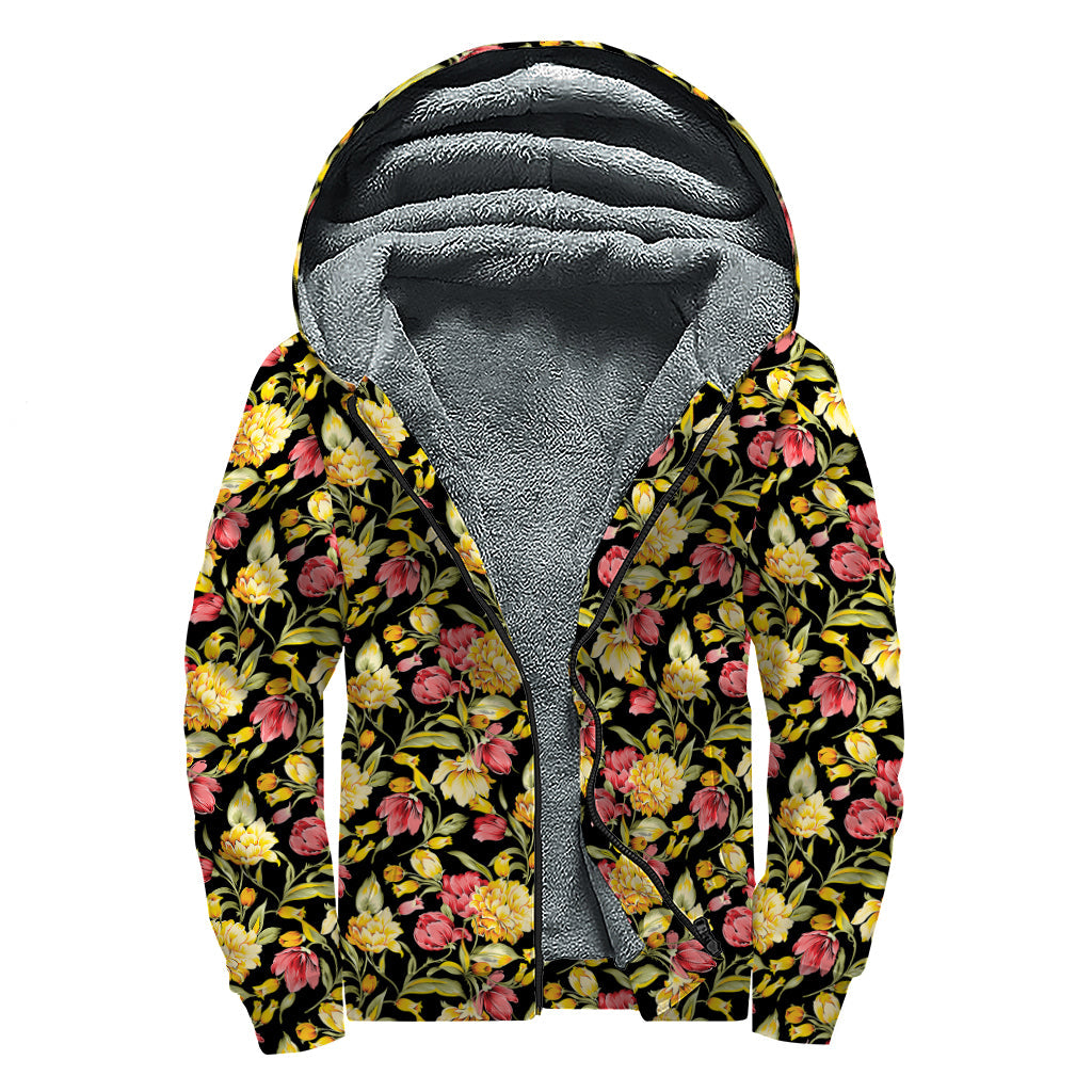 Red and Yellow Flowers Print Hippie Sherpa Lined Zip Up Hoodie - 1