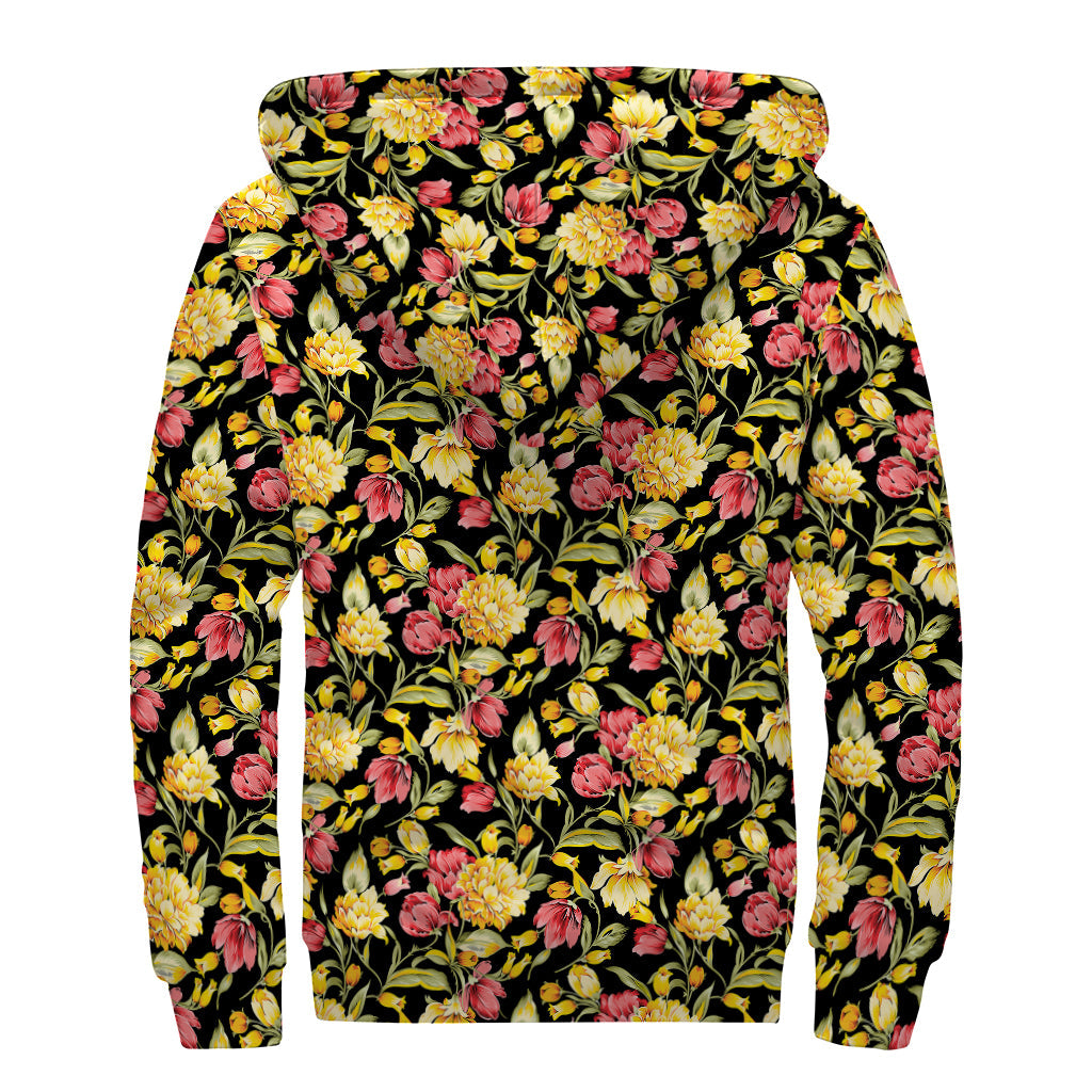 Red and Yellow Flowers Print Hippie Sherpa Lined Zip Up Hoodie - 2