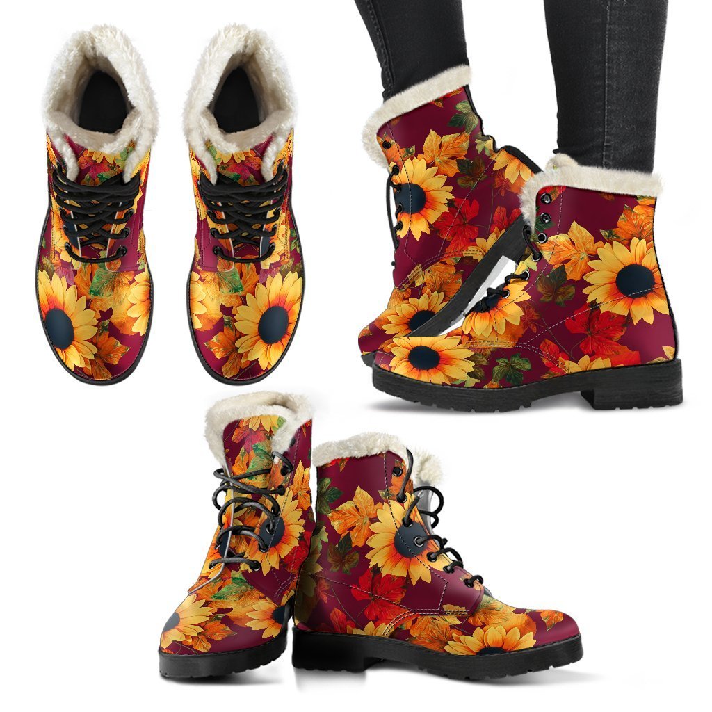 Red Autumn Sunflower Pattern Faux Fur Leather Boots: Embrace Your Inner Hippie Style - 2