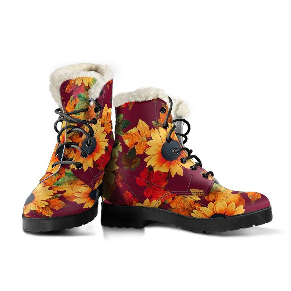 Red Autumn Sunflower Pattern Faux Fur Leather Boots: Embrace Your Inner Hippie Style - 3