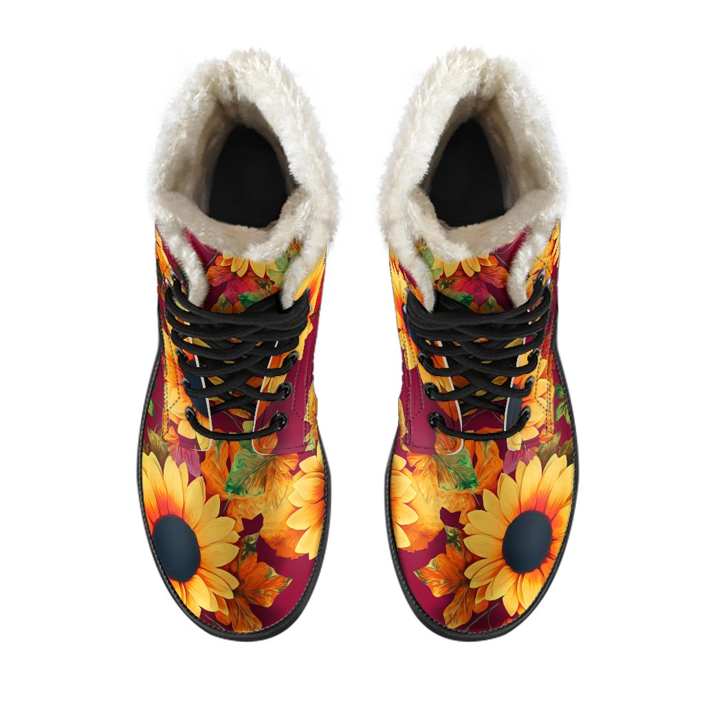 Red Autumn Sunflower Pattern Faux Fur Leather Boots: Embrace Your Inner Hippie Style - 4