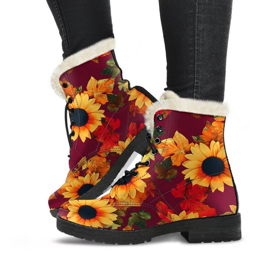 Red Autumn Sunflower Pattern Faux Fur Leather Boots: Embrace Your Inner Hippie Style - 1