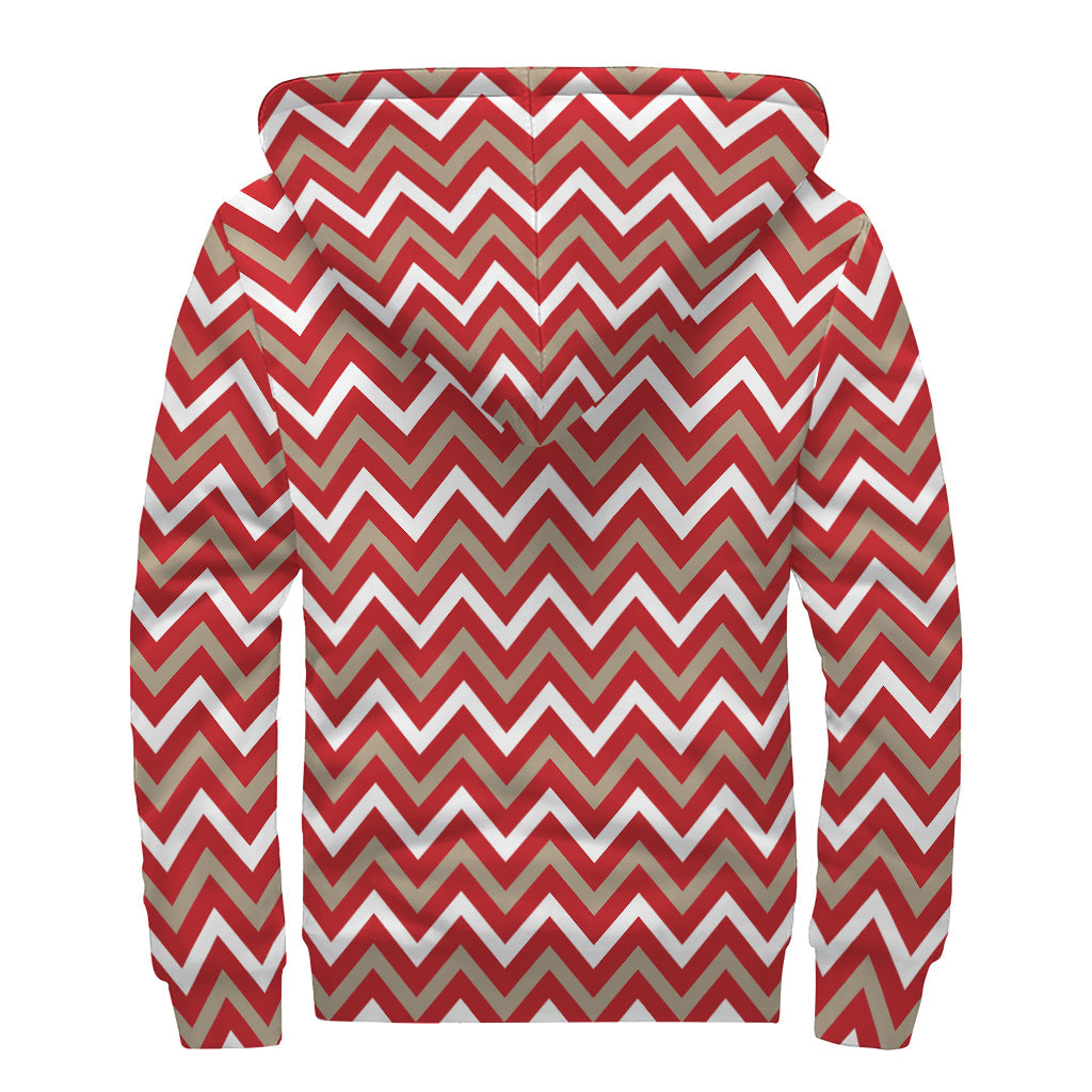 Red, Beige, and White Chevron Print Hippie Sherpa Lined Zip Up Hoodie - 2