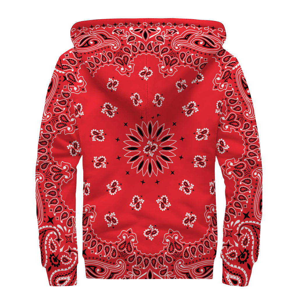 Red, Black, and White Bandana Print Sherpa Lined Zip Up Hoodie - 2