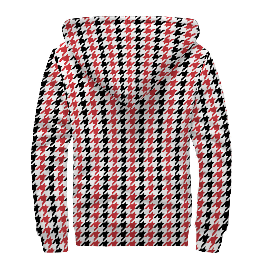 Red, Black, and White Houndstooth Sherpa Lined Zip Up Hoodie - 2