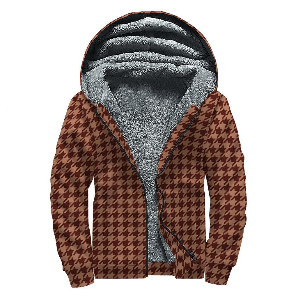 Groovy Red Brown Houndstooth Pattern Sherpa Lined Zip Up Hoodie for Free Spirited Hippies - 1