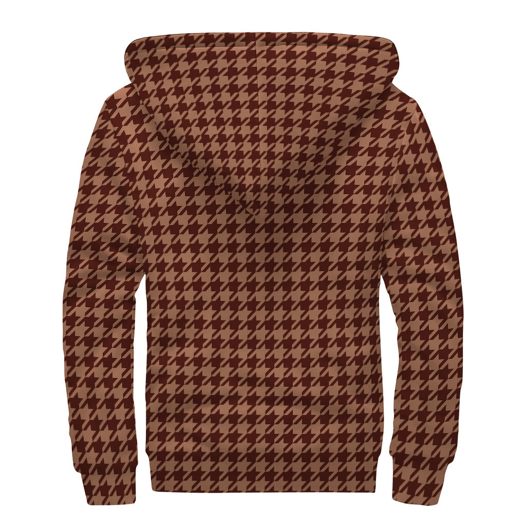 Groovy Red Brown Houndstooth Pattern Sherpa Lined Zip Up Hoodie for Free Spirited Hippies - 2