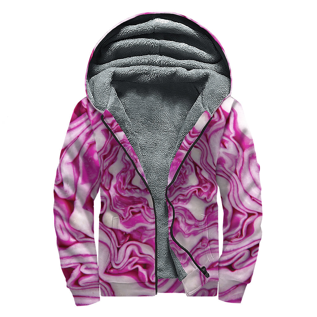 Groovy Red Cabbage Print Sherpa Lined Zip Up Hoodie for Hippie Vibes - 1