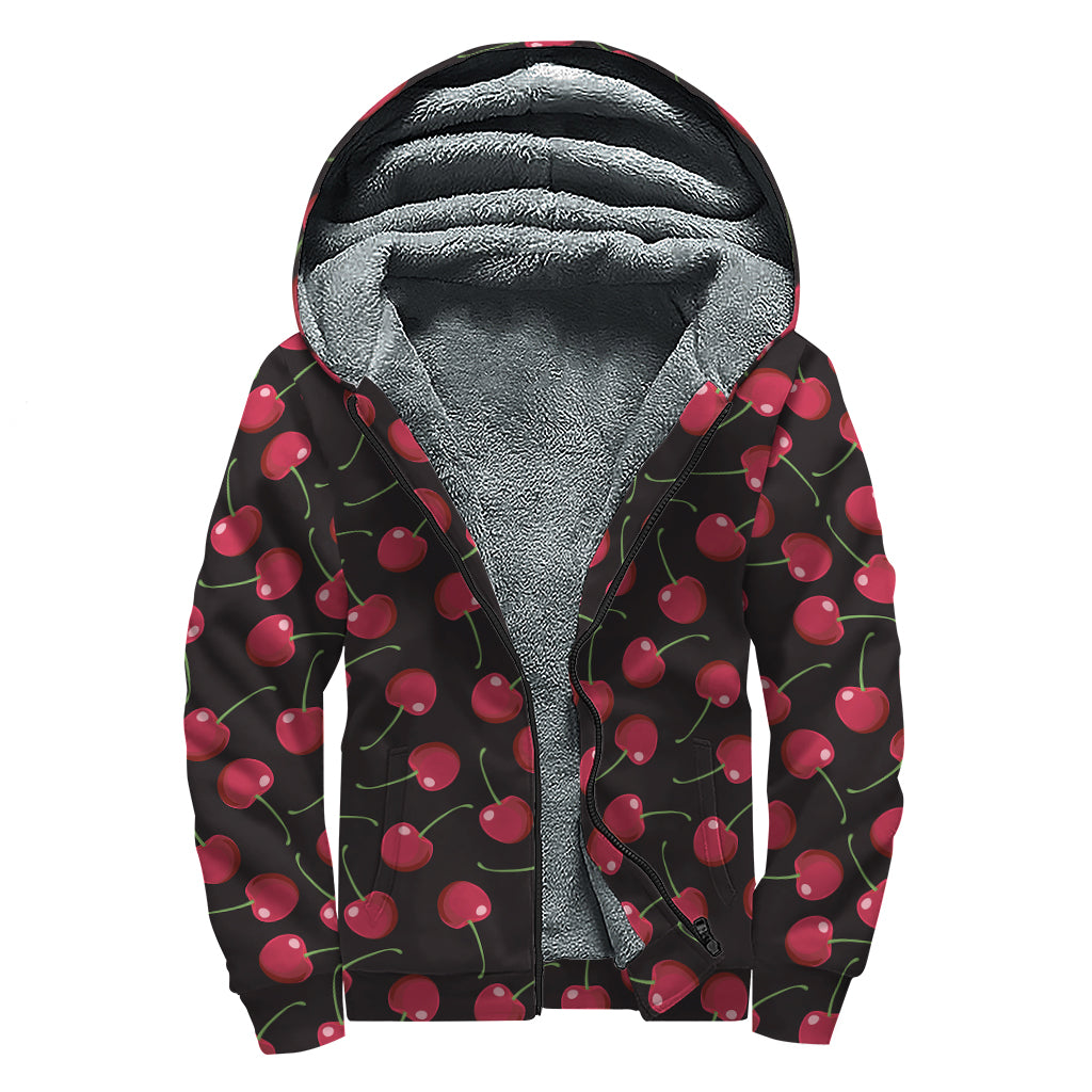 Red Cherry Patterned Sherpa Lined Zip Up Hoodie for Bohemian Souls - 1