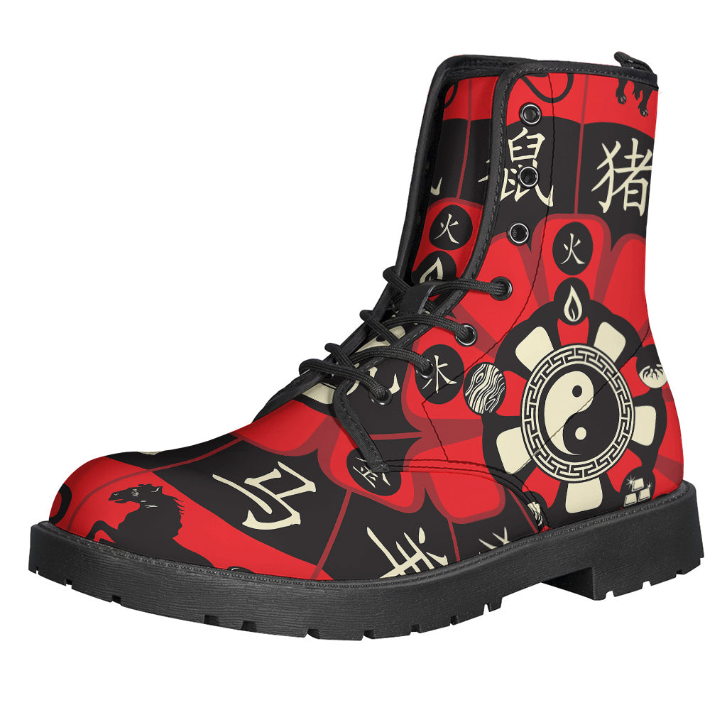 Red Chinese Zodiac Wheel Print Leather Lightweight Boots for the Hippie Soul - 1