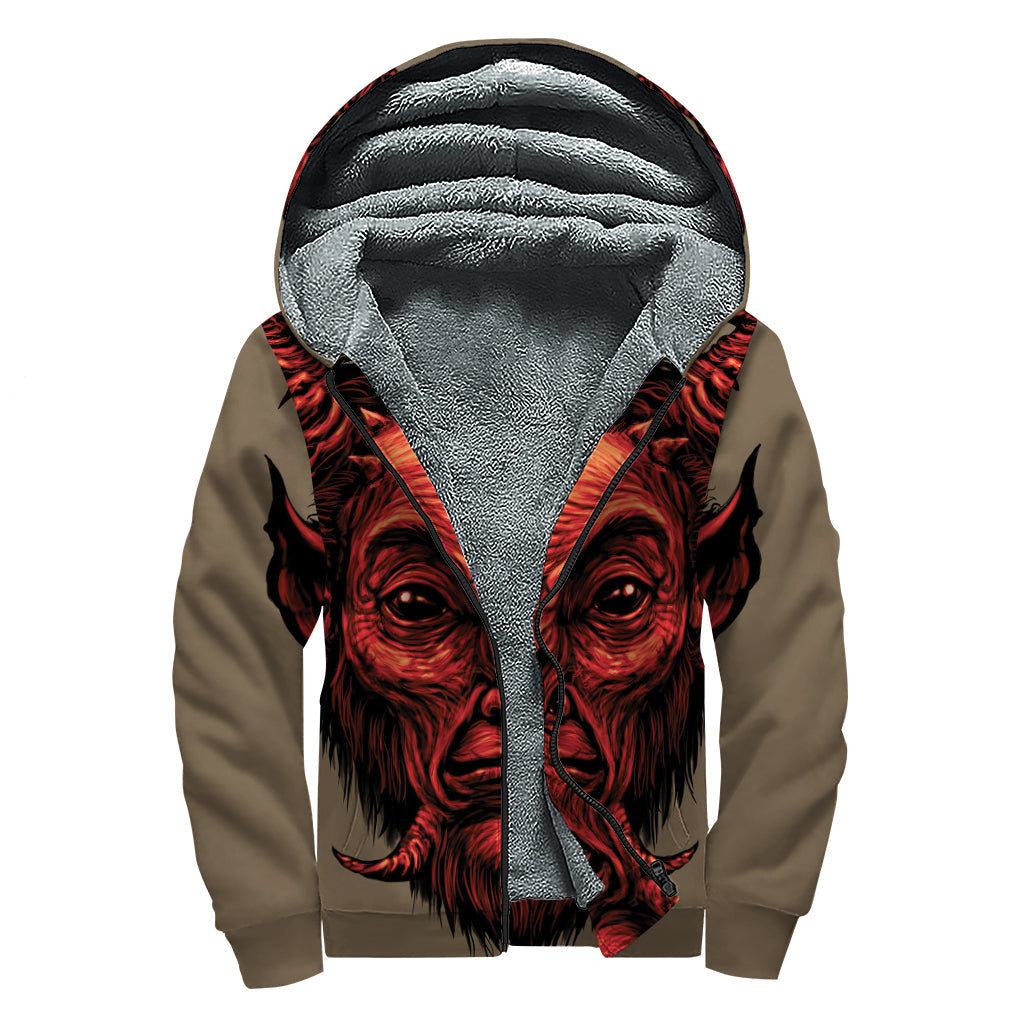 Red Devil Satan Print Sherpa Lined Zip Up Hoodie for Groovy Hippies - 1