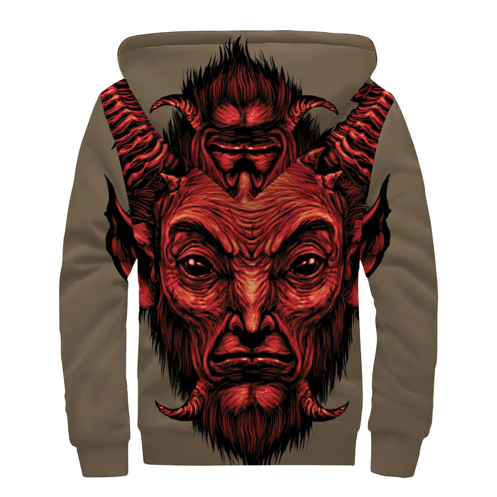 Red Devil Satan Print Sherpa Lined Zip Up Hoodie for Groovy Hippies - 2