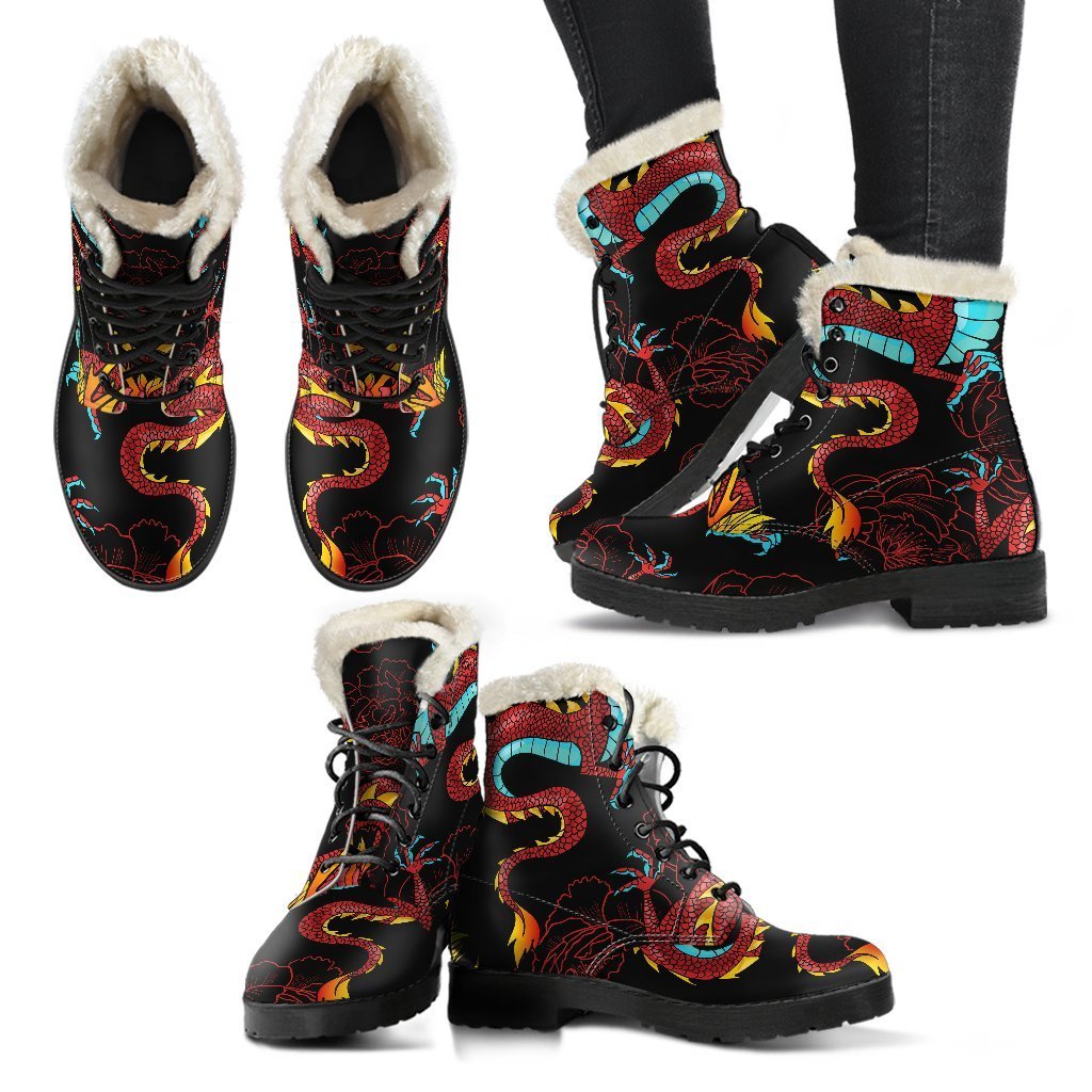 Red Dragon Lotus Pattern Print Faux Fur Leather Boots: A Hippie's Dream - 2