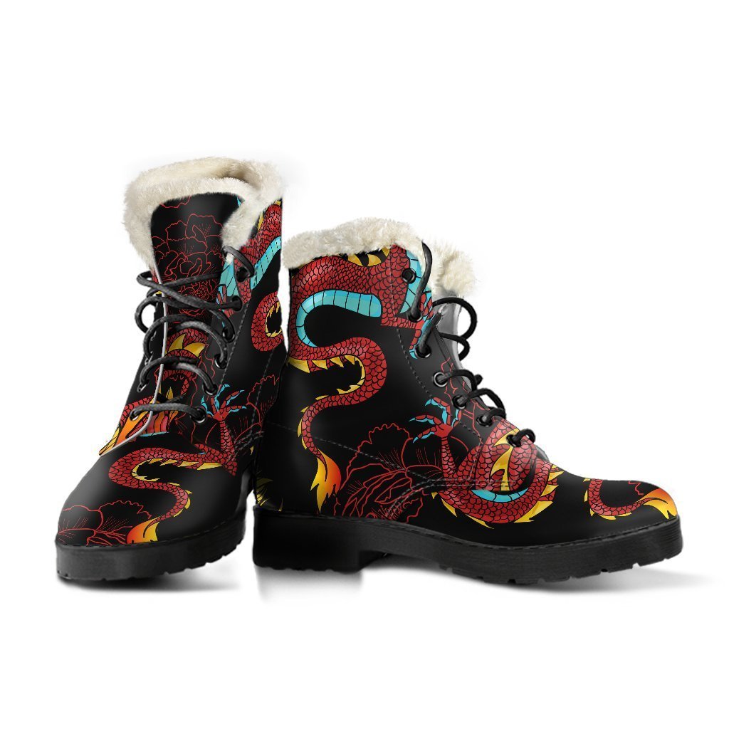 Red Dragon Lotus Pattern Print Faux Fur Leather Boots: A Hippie's Dream - 3