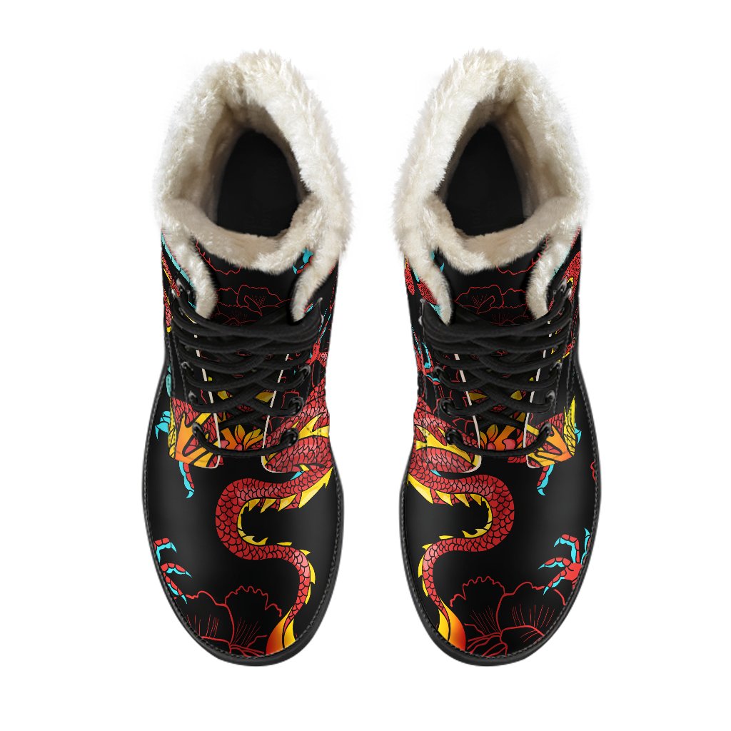 Red Dragon Lotus Pattern Print Faux Fur Leather Boots: A Hippie's Dream - 4