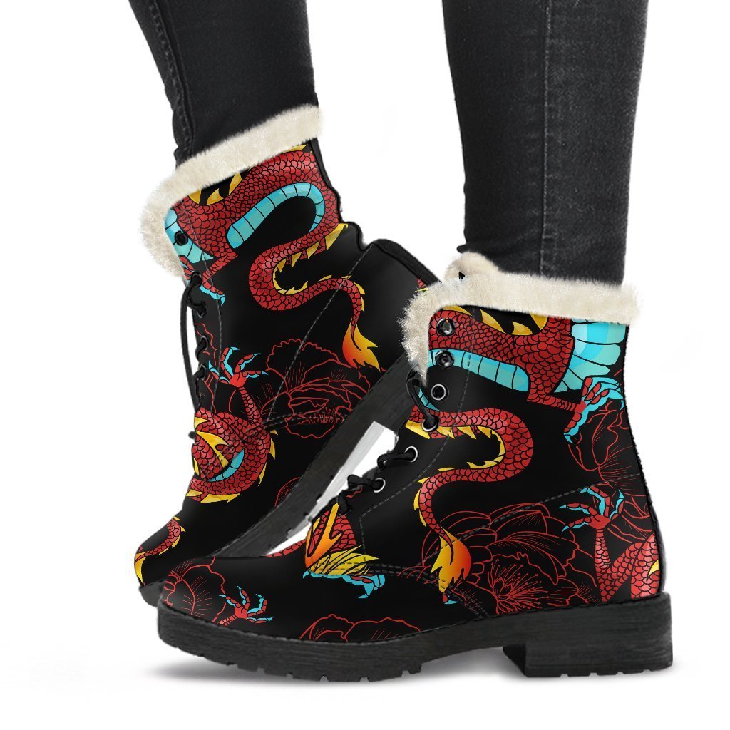 Red Dragon Lotus Pattern Print Faux Fur Leather Boots: A Hippie's Dream - 1