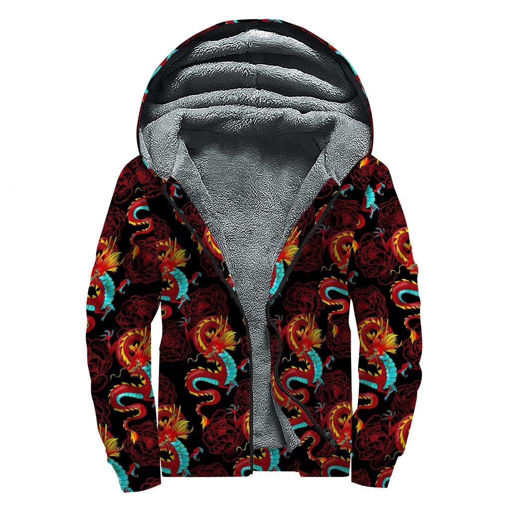 Red Dragon Lotus Pattern Print Sherpa Lined Zip Up Hoodie - Embrace Your Inner Hippie Style! - 1