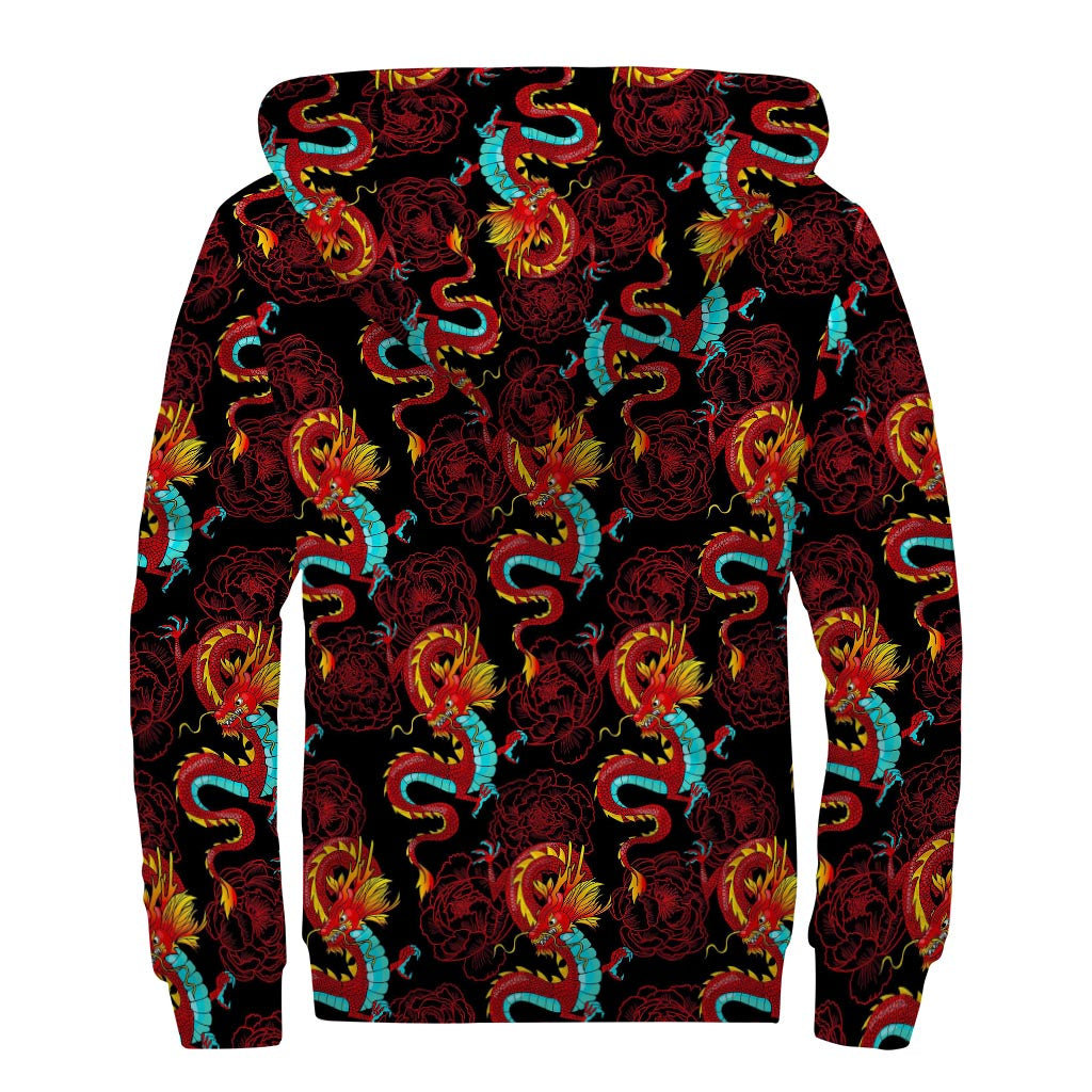 Red Dragon Lotus Pattern Print Sherpa Lined Zip Up Hoodie - Embrace Your Inner Hippie Style! - 2