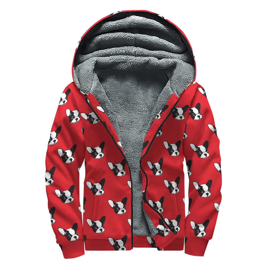 Red French Bulldog Pattern Print Sherpa Lined Zip Up Hoodie for Groovy Hippies - 1