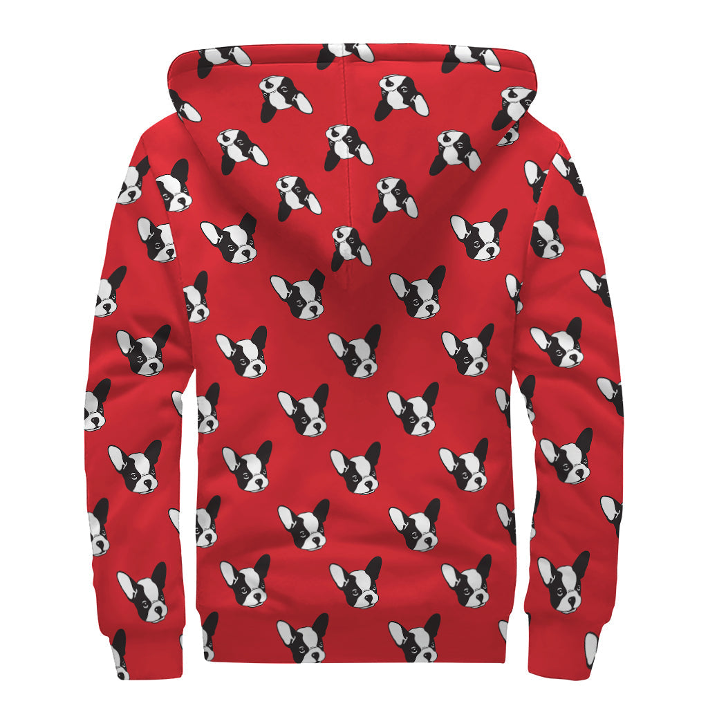 Red French Bulldog Pattern Print Sherpa Lined Zip Up Hoodie for Groovy Hippies - 2