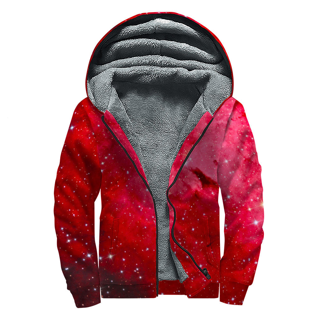 Red Galaxy Space Cloud Print Sherpa Lined Zip Up Hoodie for the Free-Spirited Hippie - 1