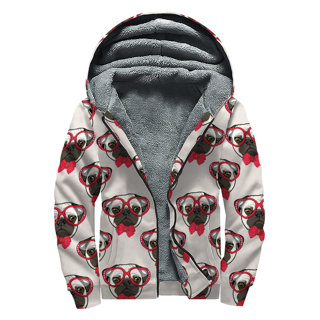 Boho Chic: Red Glasses & Pug Pattern Sherpa Lined Zip Up Hoodie - 1