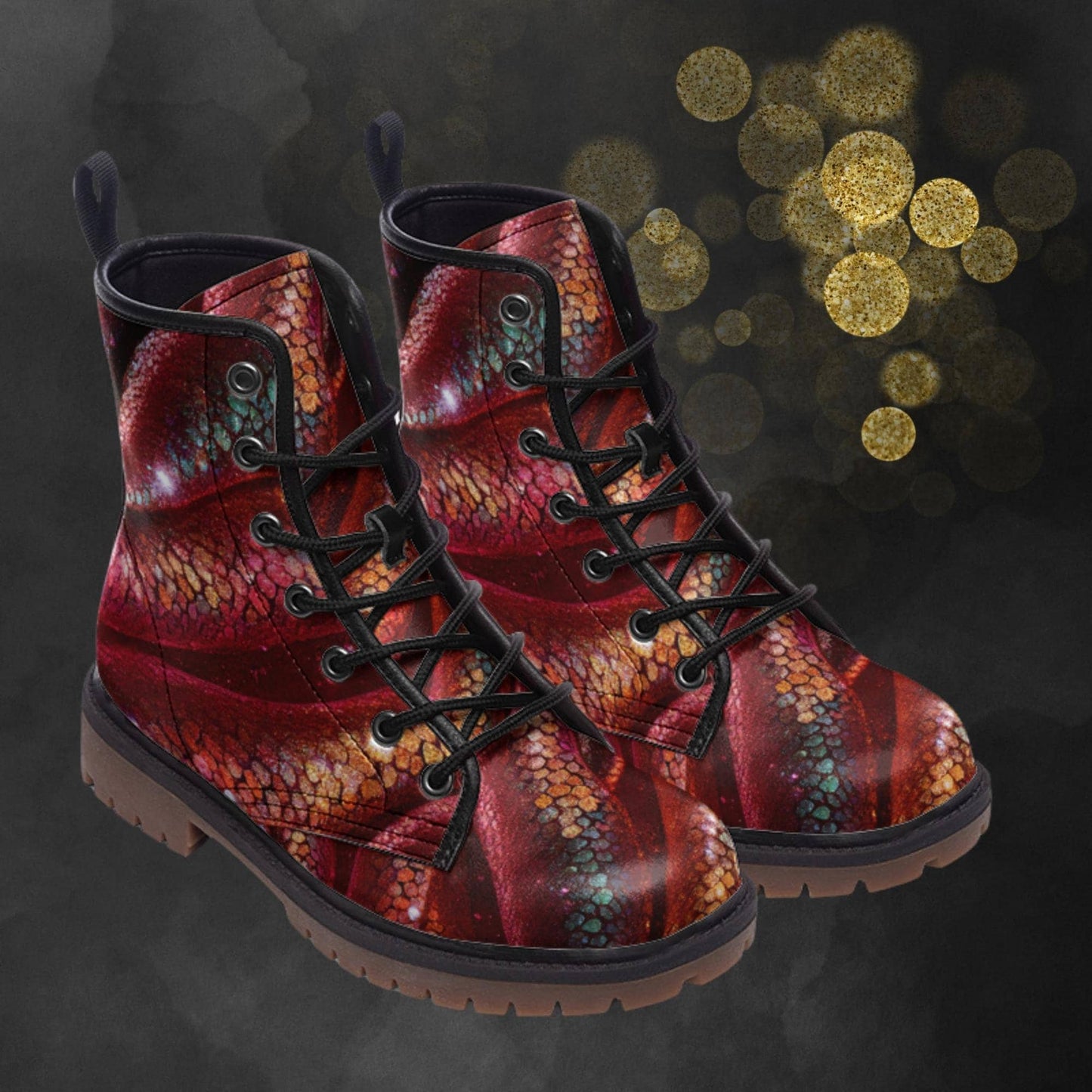 Emerald Blossoms - Red Gold Dragon skin Combat Boots For Hippies