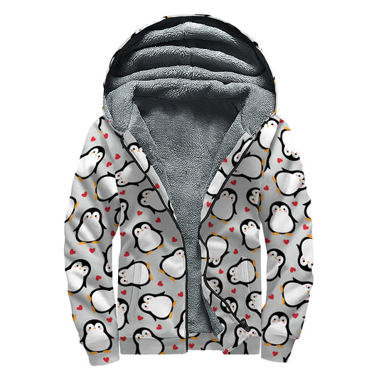 Red Heart and Penguin Pattern Print Sherpa Lined Zip Up Hoodie for Groovy Hippies - 1