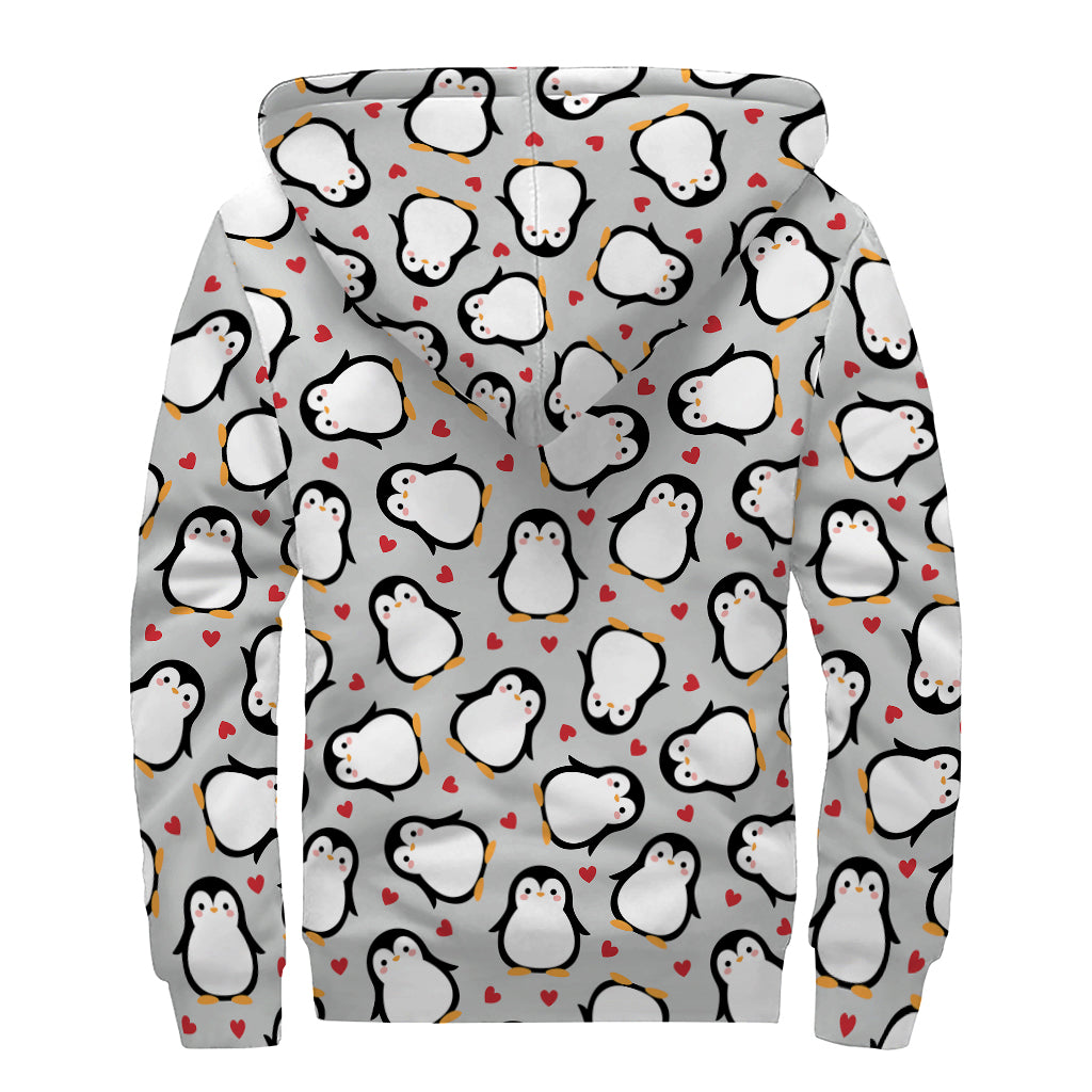 Red Heart and Penguin Pattern Print Sherpa Lined Zip Up Hoodie for Groovy Hippies - 2