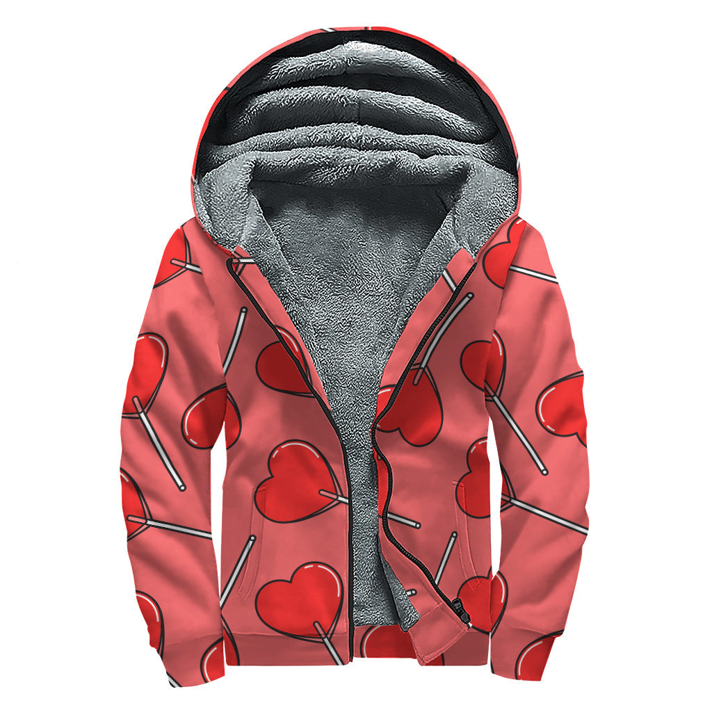 Red Heart Lollipop Pattern Print Hippie Sherpa Lined Zip Up Hoodie - 1