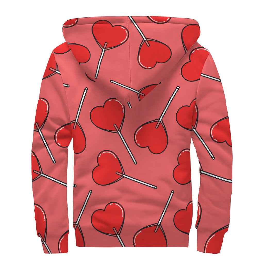 Red Heart Lollipop Pattern Print Hippie Sherpa Lined Zip Up Hoodie - 2