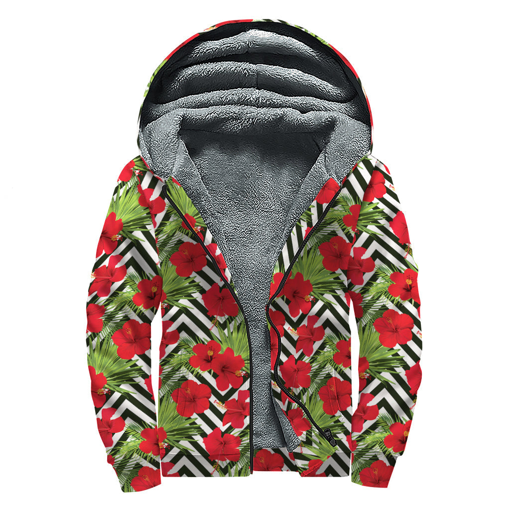 Red Hibiscus Chevron Pattern Sherpa-Lined Zip Up Hoodie: Embrace the Hippie Style - 1