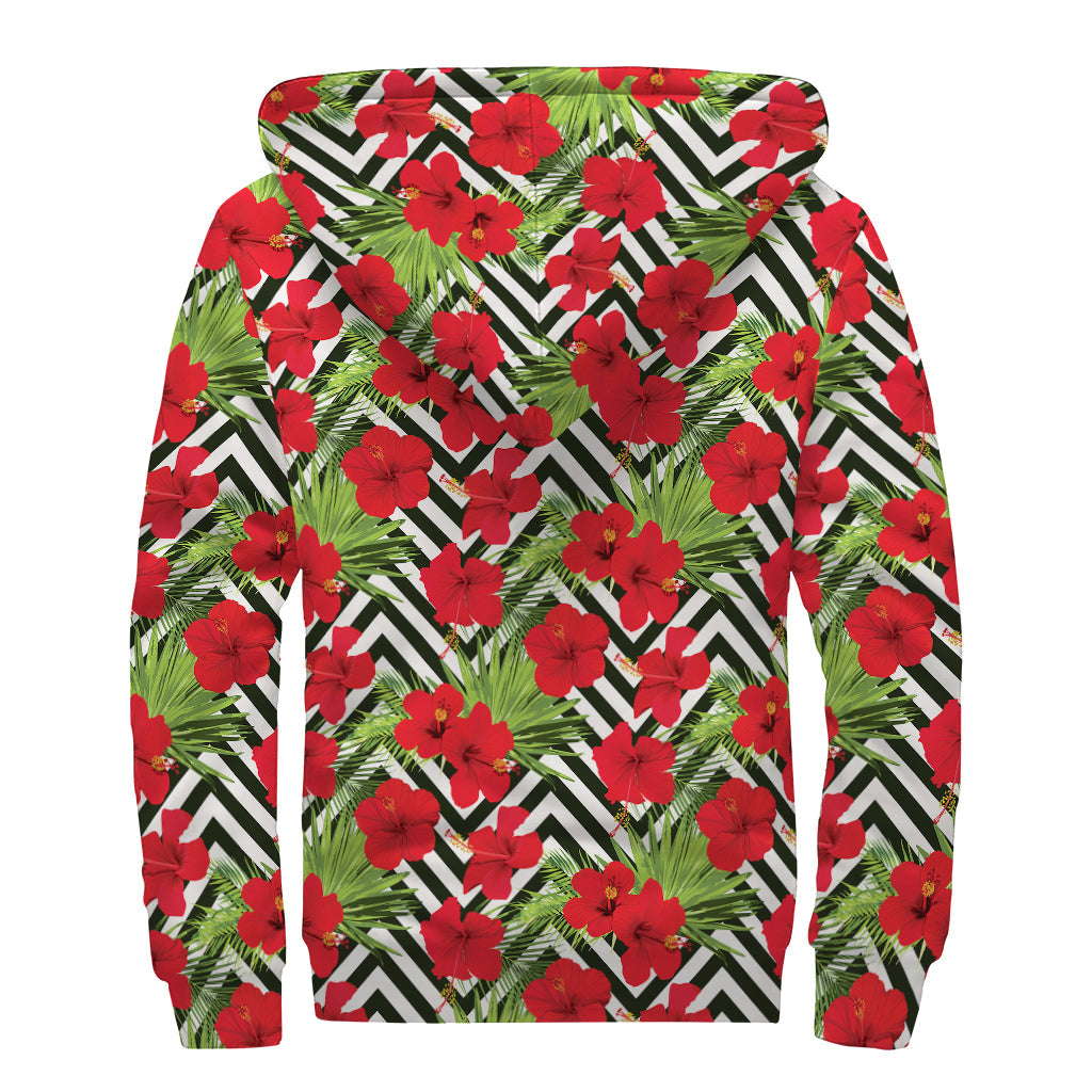 Red Hibiscus Chevron Pattern Sherpa-Lined Zip Up Hoodie: Embrace the Hippie Style - 2