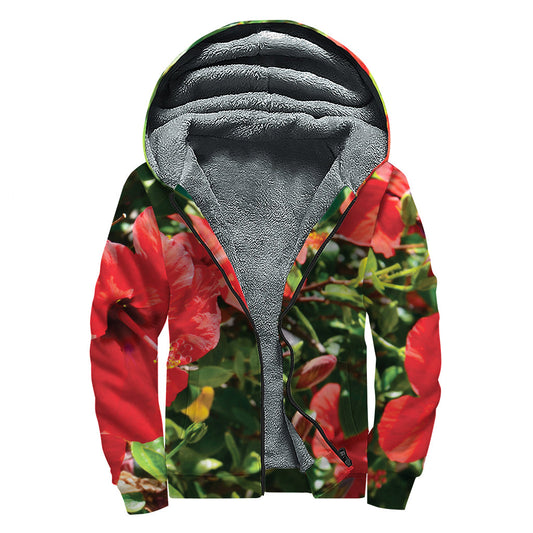 Red Hibiscus Flowers Print Hippie Sherpa Lined Zip Up Hoodie - 1