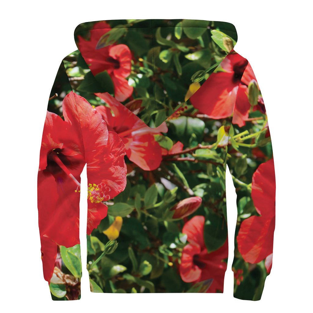 Red Hibiscus Flowers Print Hippie Sherpa Lined Zip Up Hoodie - 2