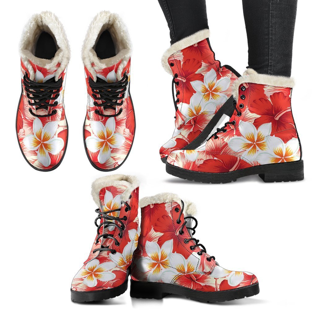 Red Hibiscus Plumeria Pattern Print Faux Fur Leather Boots: Embrace Your Inner Hippie Style! - 2